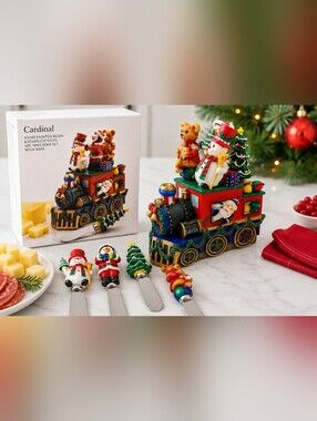 Cardinal Christmas Train Cheese Spreader Set 4 Pc Hand Painted Resin Stainless